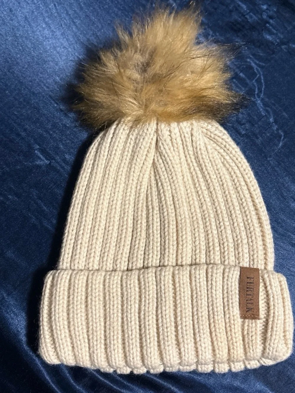 Women's Cream Ribbed Knit Beanie with Faux Fur Pom